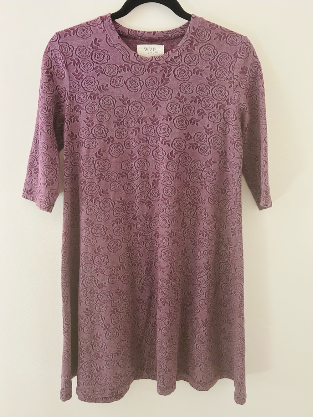 WVN Organic Cotton Embossed Floral Rose Knit Elbow Sleeve Shift Mini Dress Small
